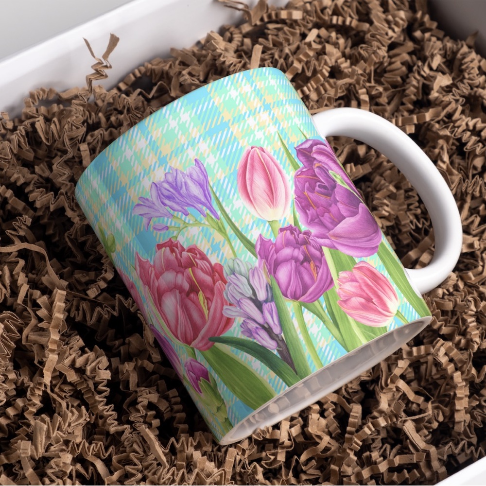 Handmade Tulips Coffee Cup | New 15oz Tulips and Plaid Coffee Mug
